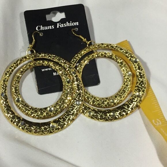 Gold Tone Embellished Double Hoop Earrings (UC3) - Picture 4 of 4